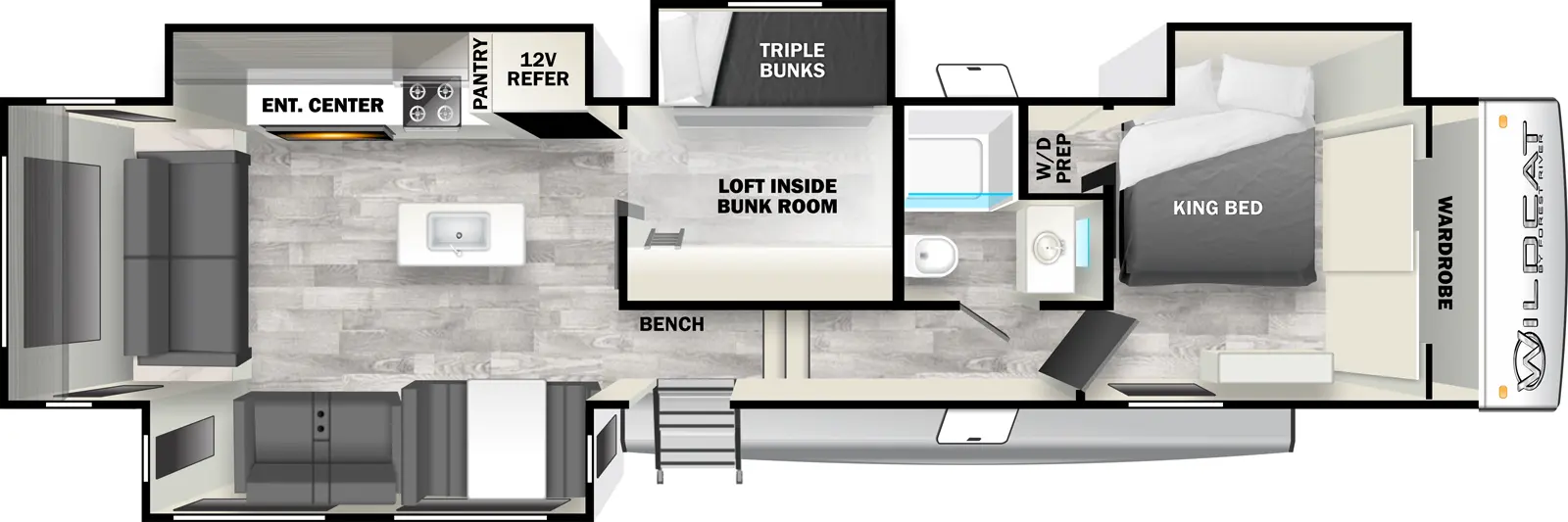 The 36MB has four slideouts and one entry. Interior layout front to back: front wardrobe, off-door side king bed slideout, and closet with washer/dryer prep; off-door side full bathroom; steps down to entry and bench; mid room with triple bunk slideout, and a loft inside the bunk room; off-door side slideout with 12V refrigerator, pantry, cooktop, and entertainment center; kitchen island with sink; door side slideout with dinette and seating; rear seating.